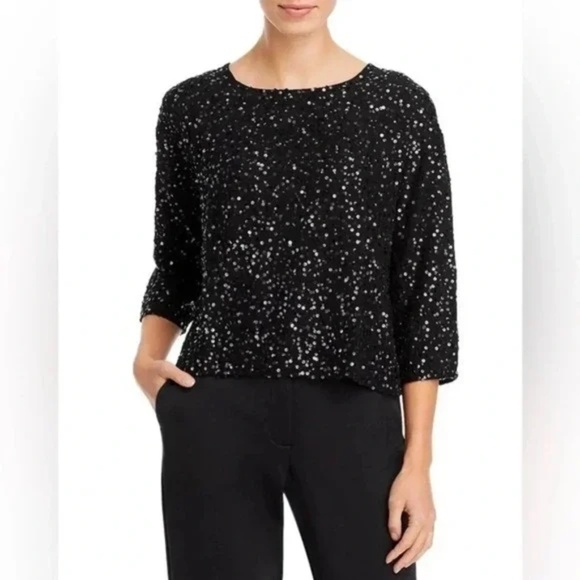 Eileen Fisher Sequin Box Top Silk Cotton Blouse in Black Size Small - Picture 1 of 7